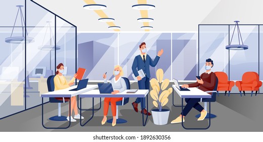 People in masks working in office. Workplace in coronavirus pandemic vector illustration. Men and women working with laptops and talking together. Horizontal panorama of workspace.