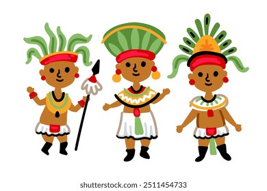 People of maya civilization, aztec set of vector illustration isolated on white background. Men and women in traditional mayan clothes and accessories. Mexican culture and traditions.