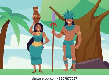 People of Maya civilization in national clothes, flat vector illustration. Ancient woman holding vase on her head and male warrior with spear. Concepts of history and culture.