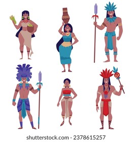 People of maya civilization, set of flat vector illustration isolated on white background. Men and women in traditional mayan clothes and accessories. Maya culture and traditions.