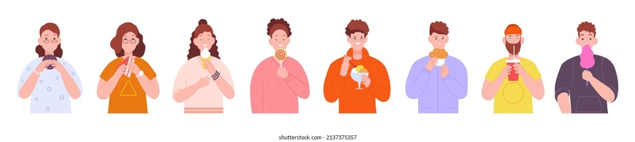 People Meal Desserts. Girl Eating Icecream, Young Man With Eaten Birthday Cake Sugar Cream, Person Eat Food Drink Sweet Desserts Restaurant, Cartoon Vector Illustration. Dessert Meal, Sweet Delicious