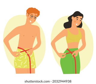 People measure their waist with tape concept. Man and women will learn their anthropometric data. Beautiful slim figure. Sports character. Cartoon flat vector illustration isolated on white background