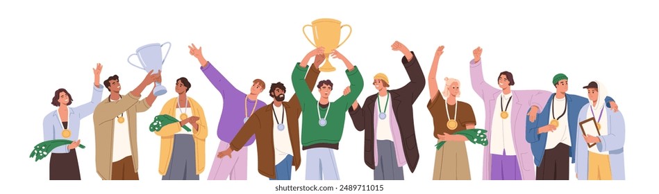 People with medals are on award. Team hold goblet, cup for victory, win in sports or business competition. Reward trophies for success teamwork. Flat isolated vector illustration on white background