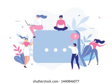 People Media Community Group Networking and Texting via Laptop and Mobile Gadgets, Talking Phone around Huge Speech Bubble Sign. Social Network and Global Communication. Vector Flat Illustration