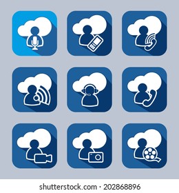 People and media symbols flat icons set with long shadow. Social networking and communication. 