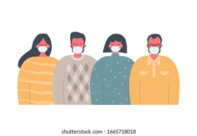 People in medical antivirus masks. There are men and women in the picture. Vector illustration in flat funky style.