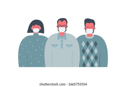 People in medical antivirus masks. There are men and woman in the picture. Vector illustration in flat style