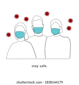People in medical face mask. Concept of coronavirus quarantine. Covid-19 pandemic.  Continuous line art, vector illustration