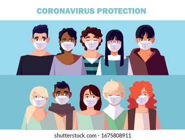 people with medical face mask, coronavirus prevention vector illustration design