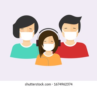 People in medical face mask or family with child in respirators vector icon flat cartoon illustration, human group characters wore medicine surgery masks modern design, covid-19 coronavirus idea