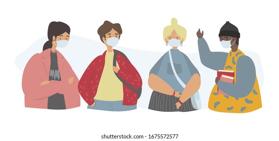 People in medical face mask flat vector illustration. Men and women wearing masks to protect themselves from viruses, Coronavirus 2019-nCoV protection concept. Prevent disease, flu, virus, pollution.