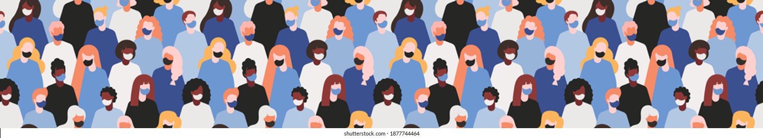people in medical face mask horizontal banner for web page and social media,nerworking.Concept of lockdown and quarantine seamless pattern.Black lives matter web banner or poster.multinational society