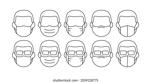 People in medical face mask line vector icon, disease prevention concept. Protection wear from virus or air pollution. Respirator outline design. Editable stroke. Health care illustration