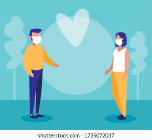 people with medical face mask , precautions by coronavirus, social distancing vector illustration design