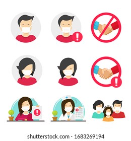 People in medical face surgery mask to stop coronavirus icons set and doctor person characters in medicine respirators signs, to protect from flu infection virus disease vector icon flat cartoon
