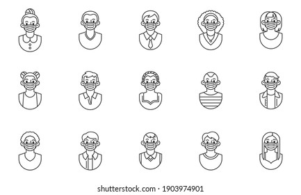 People in medical mask avatar line icons set. linear style symbols collection, outline signs pack. Male, female avatar vector graphics. Set includes icons as man and woman wearing protective face mask