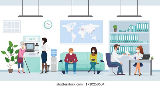 People In Medical Mask In Bank Branch Flat Character Virus Concept Vector Illustration. One Manager At Comp Gives Papers To Boy, Another Helps Old Lady With Stick Near ATM, Two Clients Sitting On Sofa