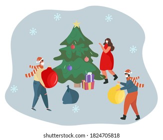 People in Medical Mask Celebrating Christmas and New Year during Quarantine.Christmas Party in Covid 19.Winter Holidays during Coronavirus.Characters in Santa Hats with Tree.Flat Vector Illustration