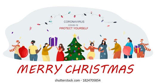 People in Medical Mask Celebrating Christmas and New Year during Quarantine.Christmas Party in Covid 19.Winter Holidays during Coronavirus.Characters in Santa Hats with Tree.Flat Vector Illustration