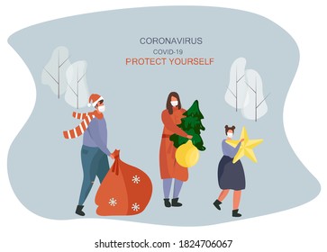 People in Medical Mask Celebrating Christmas and New Year during Quarantine.Christmas Party in Covid 19.Winter Holidays during Coronavirus.Character in Santa Hats.Flat Vector Illustration