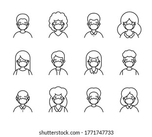 People in medical mask line outline icon set of avatar vector illustration. Young, adult man and woman user