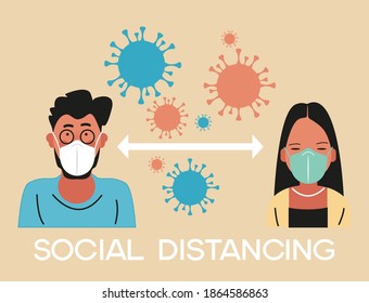 PEOPLE with a medical mask on their face. People support social distancing. The concept of not spreading the virus and preventing the coronavirus. Social isolation and self-quarantine.