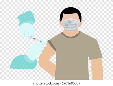 people with medical mask receives injection of covid-19 vaccine isolated on transparency background 