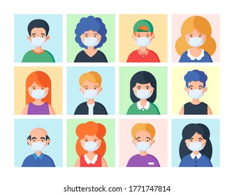 People in medical mask set of avatar vector illustration. Young, adult man and woman user on different background