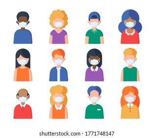 People in medical mask set of avatar vector illustration. Young, adult man and woman user