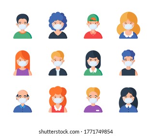 People in medical mask set of avatar vector illustration. Young, adult man and woman user