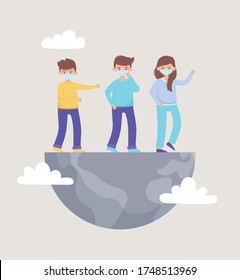 people with medical mask in sick world, save the planet protection against coronavirus covid 19, protect nature and ecology concept vector illustration