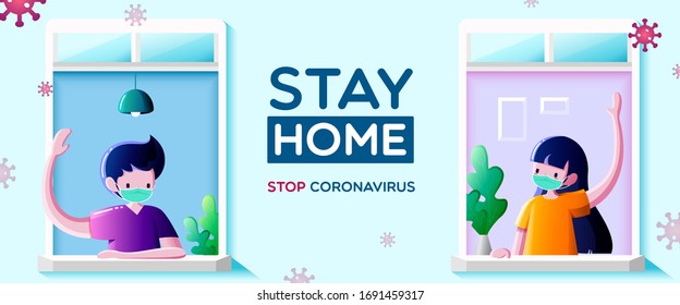 People in medical mask stay at windows and look out of apartment. Greeting and communication of neighbors-Stay at home campaign for coronavirus prevention concept.