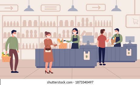 People with medical masks buy food product in supermarket vector illustration. Cartoon man woman buyers characters distancing in queue at cashier of grocery store or shop, social distance background