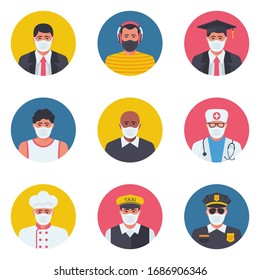 People in medical masks. Characters and professions of adults. Coronavirus Prevention. Color set of different people in medical protection. Vector illustration flat design. Precaution covid 19