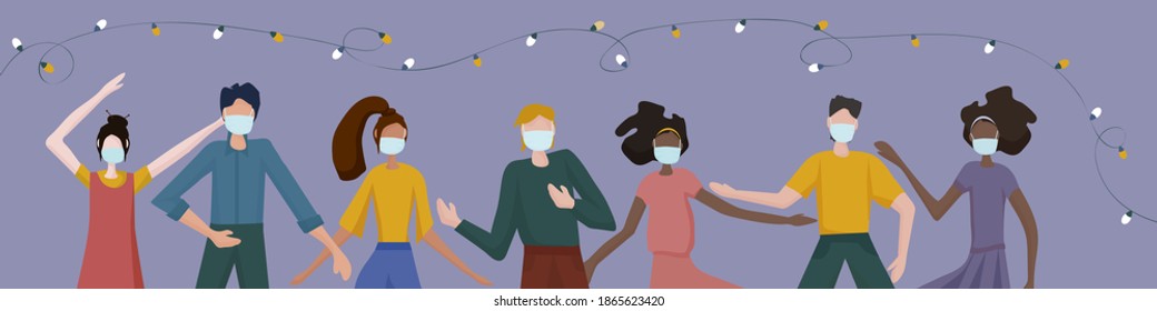 people in medical masks. Despite the danger of getting infected with the virus, people live ordinary lives, they have fun, dance and celebrate. But they always think about their protection. vector