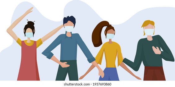 people in medical masks. Despite the danger of getting infected with the virus, people live ordinary lives, they have fun, dance and celebrate. But they always think about their protection. vector