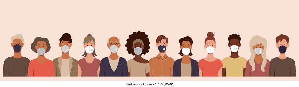 people in medical masks of different colors and styles