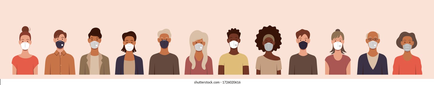 people in medical masks of different colors and styles