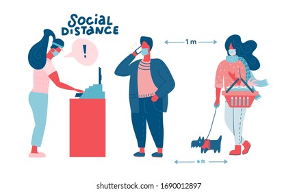 People in medical masks doing shopping in supermarket. Quarantine coronavirus 2019-nCoV in the store. Epidemic Precautions. Cashier riles for social distance. Flat colourful vector illustration.