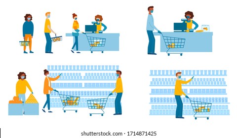 People in medical masks doing shopping in supermarket. Quarantine coronavirus 2019-nCoV in the store. Epidemic Precautions. Set vector concept illustration in flat cartoon style. 