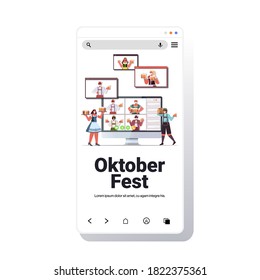 people in medical masks drinking beer discussing with friends during video call Oktoberfest party celebration coronavirus quarantine self isolation smartphone screen vector illustration