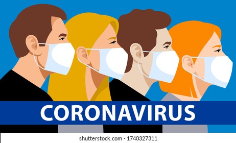 People in medical masks during the epidemic of the coronavirus. Prevention of flu, pneumonia and viral infections. Multi-ethnic men and women wear protective masks in public places.