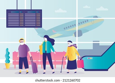 People in medical masks go to boarding plane or in arrivals hall. New norms during coronavirus at airport. Airport lobby interior design. Electronic board with flight schedule. Vector illustration
