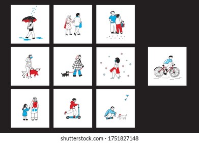 People in medical masks hand drawn cartoon vector cards prints illustrations set