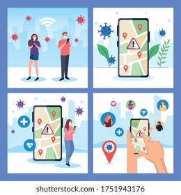 people with medical masks holding smartphone and gps mark on map design of Covid 19 virus theme Vector illustration