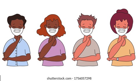 People with medical masks. Man and woman with closed eyes. Ethnicity, dark skin. Wear masks to prevent disease, air pollution, protection against COVID-19. Vector illustration in a flat style.