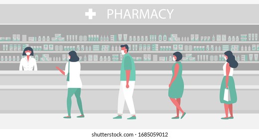 People in medical masks in the pharmacy. The pharmacist stands near the shelves with medicines. Visitors keep their distance in line.  Vector illustration in flat style