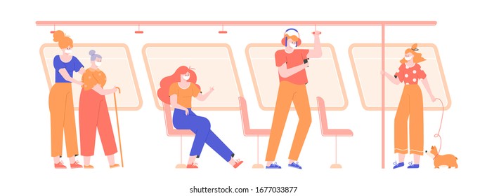 People in medical masks in public transport during a virus pandemic. Influenza, protecting oneself and others from illness. Passengers of the subway, bus, tram. Vector flat illustration. 