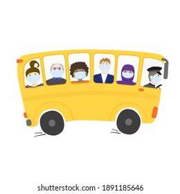 People in medical masks ride the bus. Traveling African American girl, hipster businessman, old man, woman in hijab, cute girl obey the rules of protection from the virus. vector illustration.