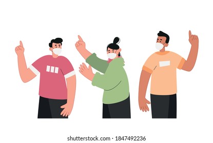 People in medical masks show a gesture with their index finger. The importance of using a mask of protection. World pandemic. Vector illustration of illness